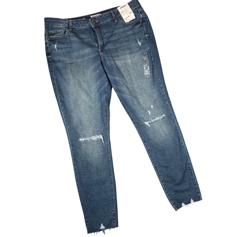 Sonoma Skinny Jeans Blue Distressed Mid Rise Raw Hem Everyday Denim 18 L Stretch